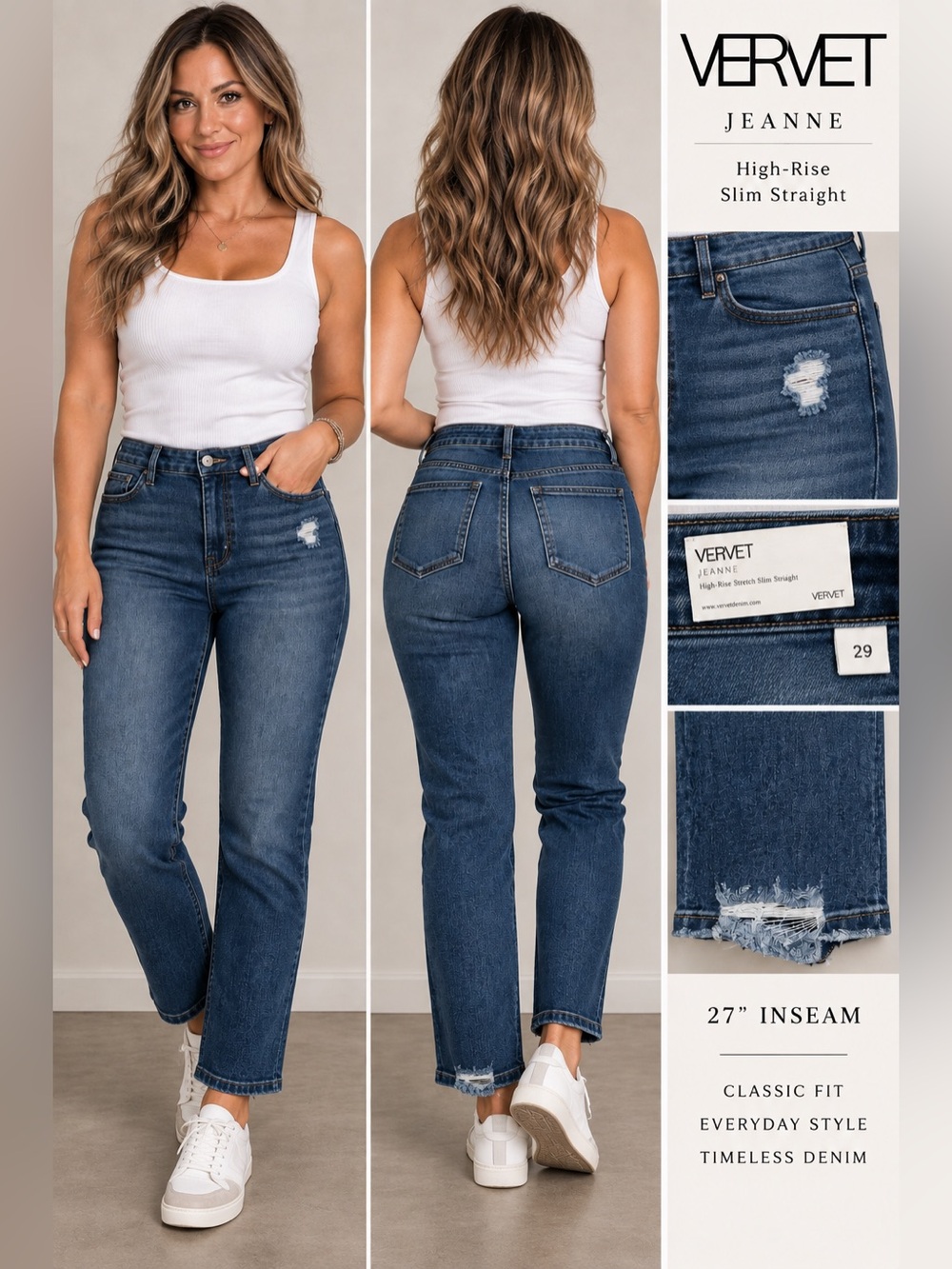 NWT VERVET Jeanne High Rise Stretch Slim Straight Jeans Size 29 Distressed #1144